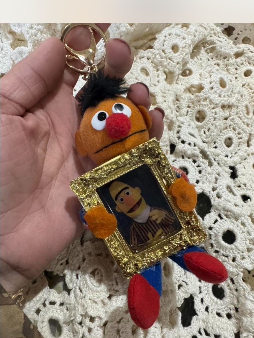 Sesame Street Ernie Plush Keychain bag charm  with Gold Frame of Bert